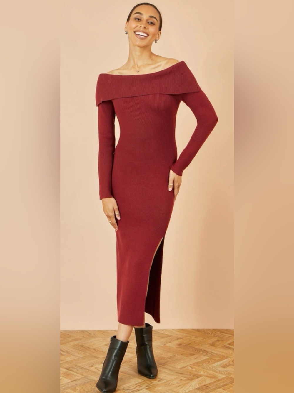 Bardot Long Sleeve Yumi Red Bodycon Knitted Fitted Midi Dress ZB15